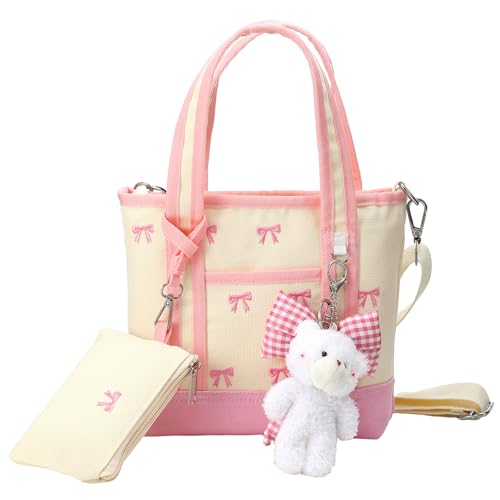 Aliceset 4 Pcs Canvas Pink Bow Tote Bags with Mini Card Holder Plaid Bow and Bear Pendant Sweet Aesthetic Shoulder Handbag for Girls Women Travel Date Shop Work Daily Essentials