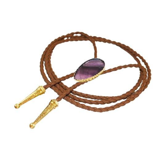 Image of Daisy Del Sol Gemstone Bolo Tie Braided Vegan Faux Leather Natural Stone Gold Handmade Necklace Adjustable Boho Western Jewelry