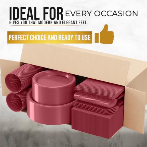 Image of 350 Pcs Burgundy Plastic Plates For Party, Burgundy Disposable Plates Set, 50 Of Each 9 inch Dinner Plate Set, 7 inch Dessert Plate, Cups, Napkins & Cutlery Plastic Dinnerware Set Exquisite