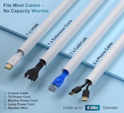 Image of ZhiYo 71in Cord Cover for 1 Wire on Wall, 0.5 inch W x 0.4 inch H, White | Upgraded Mini Raceway, Extra Capacity for Extension Cords, Half-Round Glazed Finish, Self-Adhesive, 5 Pack (14.2 inch Each)