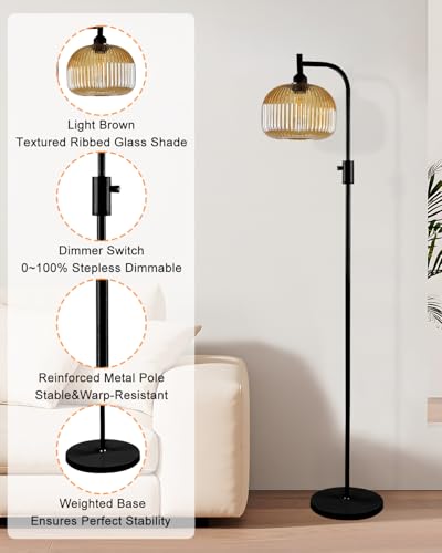 Image of Lightdot 64IN Glass Floor Lamp for Living Room, Dimmable Modern Standing Lamps with Brown Ribbed Glass Shade, Industrial Floor Lamp with Bulb Included for Bedroom /Sofa Beside /Corner Decor-Black