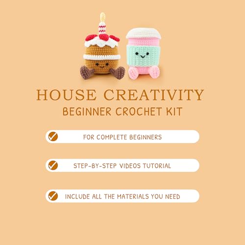 Image of HOUSE CREATIVITY Crochet Kit for Beginners - Create a Cute Cake & Coffee Scene, Amigurumi Crochet Starter Kit with Video Tutorial, Yarn & Hook, DIY Dessert Desk Decor for Coffee Lovers