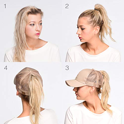 Image of C.C Exclusives Washed Distressed Cotton Denim Criss-Cross Ponytail Hat Baseball Cap Bundle Hair Tie (BT-1007)