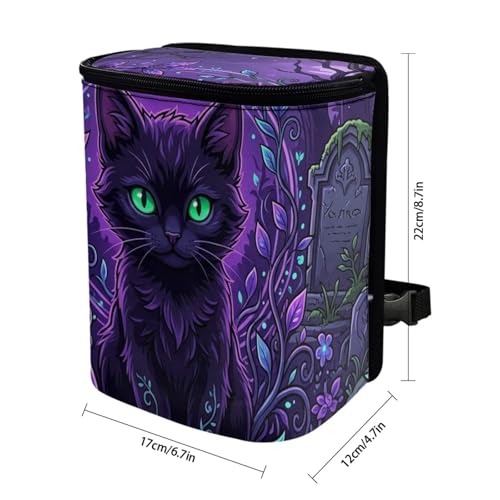 Image of Talayituse Purple Cat Forest Leaf Print Car Trash Can Portable Auto Garbage Bin Multifunctional Vehicle Interior Accessories with Adjustable Straps Universal Fit Truck SUV Sedan