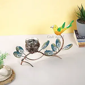 CraftVatika Metal Bird Sparrow Nest with Leaf Tealight holder Decorative Tabletop Showpiece Collectible Figurine for Home Office Living Room Decorations, Handpainted Tabletop Desktop Decorative Statue