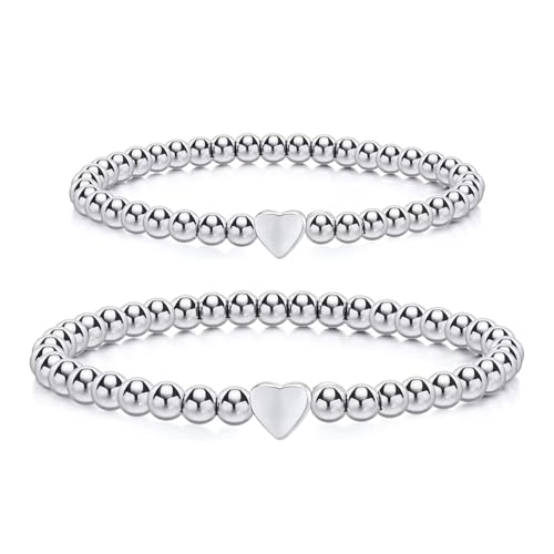 JAONLD Pulsera Mujer,2 Piezas Pulsera Mujer Plata Brazalete Colgante Corazon Pulseras de la Amistad Pulseras para Parejas Pulsera Pareja,Pulseras de Diferentes Tamaños para Amigos(Plata)