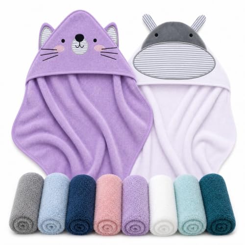 Image of Cute Castle 2 Pack Hooded Baby Towel Rayon Made from Bamboo with 8 Washcloths - Soft Bath Towel for Bathtub for Babie, Newborn, Infant, Natural Baby Stuff Towel (Hippo and Cat)
