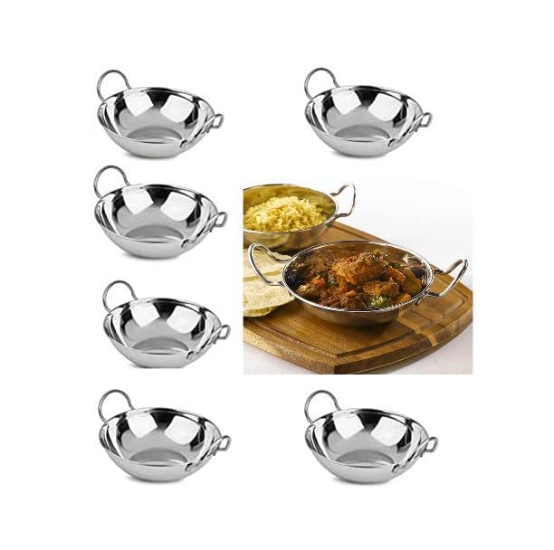 AuraHome Balti Dish Karahi Kadai Stainless Steel Dishes with Handles Indian Curry Night Set Curry & Indian Cuisine for a More Authentic Dining Experience (21cm x 6 Pack)
