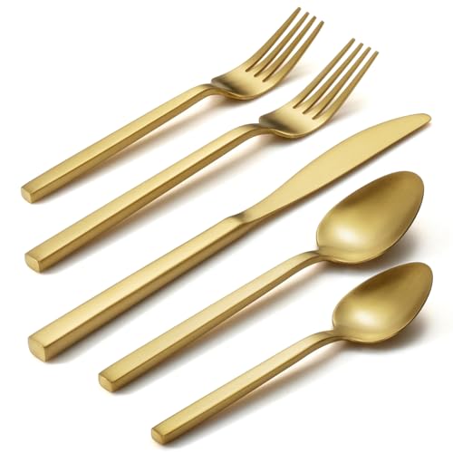 Alata Cube Gold 20-Piece Flatware Set, Forged Cutlery...