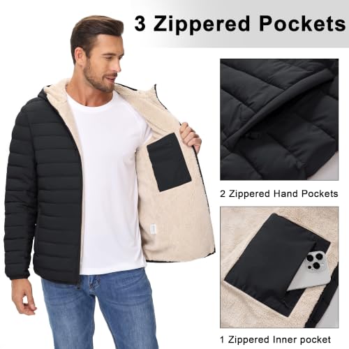 Image of Cotrasen Mens Puffer Jacket Sherpa Lined Water Resistant Hooded Full Zip Mid-Weight Warm Insulated Winter Coat