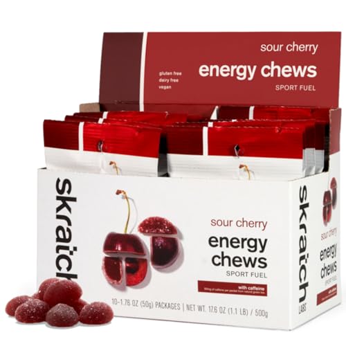 Image of Skratch Labs Energy Chews with 50mg Caffeine | Caffeinated Gummies for Running, Cycling & Endurance Quick Carbs, Easy to Digest | Sour Cherry 10 Pack | Gluten Free, Vegan