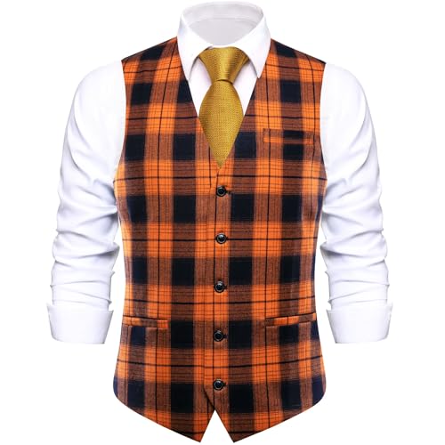 Hi-Tie Mens Plaid Solid V-Neck Suit Vest Slim Fit Waistcoat 3 Pockets Formal Casual Tuxedo for Wedding or Business3