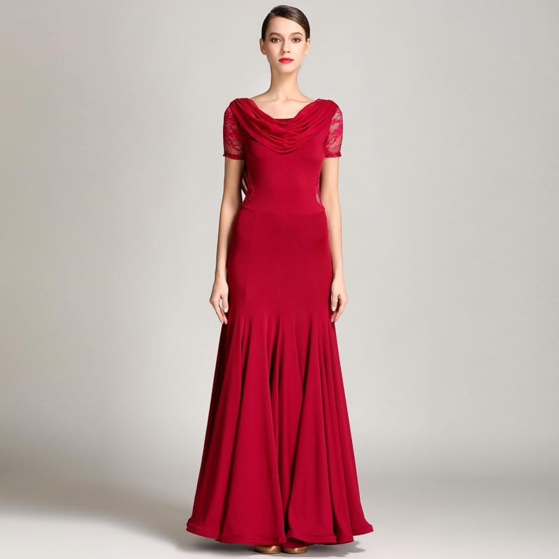 HEARTTOUCH Women Modern Waltz Tango Dance Costume Ballroom Dance Dress Lace Sleeve National Standard Competition Costume