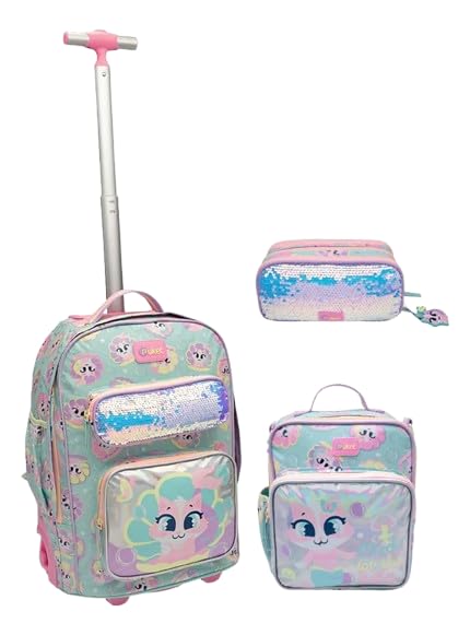 Kit Puket Gata Sereia: Mochila C/Rodinha G + Lancheira + Estojo Triplo - Puket Verde Água Gata Sereia