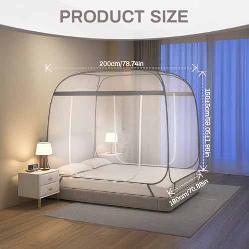 Image of HASTHIP Double Bed Mosquito Net with Stand Pop Up Fine Mesh Canopy Tent Frame with Dual Door for Bedroom 180x200x145cm