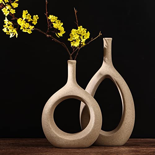 Matte Beige Ceramic Vase Japandi Sandstone Stylistic Home Decor, Tan Circle Vases With Hole, Neutral Rustic Centerpiece Table Decorations Flower Vase, Minimalist Vase Farmhouse Dinner Table Decor #TOP5