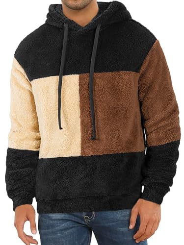 Men's Fluffy Color Blocked Hooded Sweatshirt With Drawstring Loose Long Sleevesslim Fitautumn And Winter Mens Pullover3