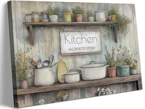 QQL Rustic Kitchen Canvas Wall Art Farmhouse Pots Pans Kitchen Always Open Wall Decor Picture Country Still Life Floral Painting for Dining Room Home Decoration Ready to Hang