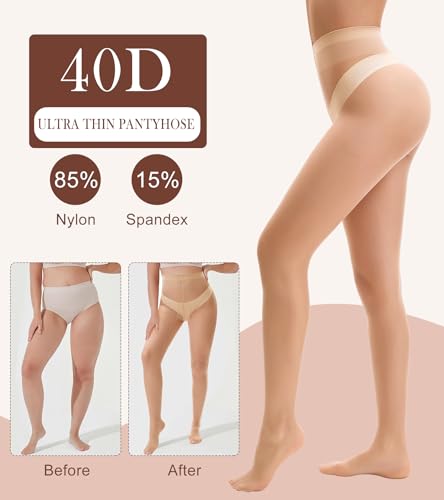 Image of Womens Sheer Tights, 40D Mid Waist Control Top Pantyhose Nylon Tights- Stockings for Women with Reinforced Toes