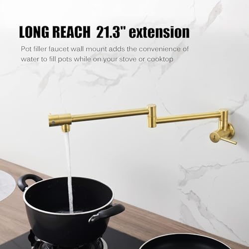 Image of Aquieen Wall Mounted Pot Filler Kitchen Faucet | Premium Brass Construction | Dual Valve Double Joint Swing Arm | 360 Rotating Folding Tap | Leak-Proof Ceramic Cartridge | Brushed Gold