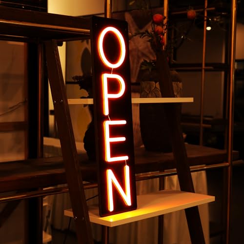 Image of Open Signs for Business 12V /2A Ultra Bright LED Neon Open Sign Lighted Open Sign Electric Light Up Open Sign for Business Storefront Window Glass Door Retail Shop Store Bar Salon Restaurant (Yellow-Vertical, 32 Inch)