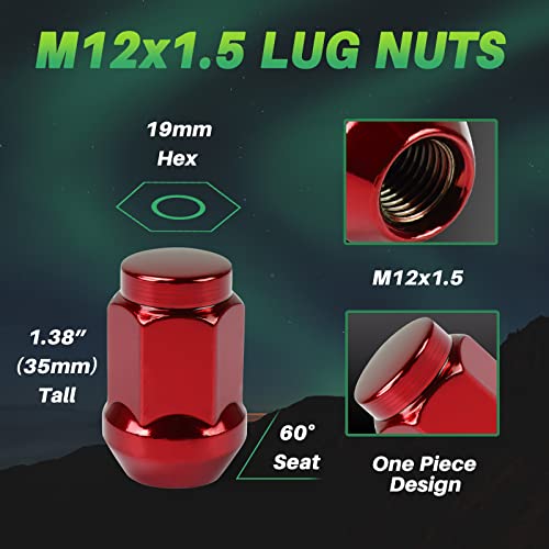 Image of AUTOPTIM M12x1.5 Red Lug Nuts - Replacement for Ford 2006-2019 Fusion, 2000-2019 Focus, 2001-2019 Escape, Red Conical 19mm Hex 1.38 inch Tall 20pcs One-Piece Design Closed End Lug Nuts