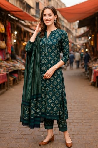 Image of Yashika Women's Cotton Blend Printed Kurta with Pant & Dupatta| Kurta with Pants and Dupatta Set