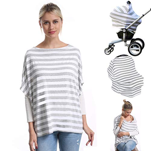 Nursing Breastfeeding Cover Car Seat Canopy for Infant Baby, Soft Bamboo Jersey, Extremely Stretchy, All-in-one Carseat Stroller Cover, Nursing Cover Up Poncho Tops Clothes, Nurse Gift Stripe