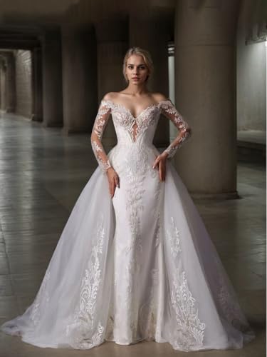 Elegant Mermaid/Trumpet Formal Wedding Dress Court Train Off Shoulder Lace Satin Long Sleeve Appliques 20252