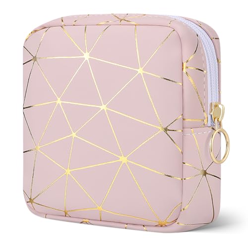 Image of Likesing Period Bag Pouch, Leather Tampon Holder for Purse-Pink Gold | PU Period Pouches for Teen Girls, Women Portable Sanitary Napkin Storage Bag, Feminine Sanitary Bags Emergency Pad Pouch