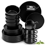 MIAMIO - Juego de vajilla para 4 / Juego de 16 piezas de gres moderno/Vajilla – Apta para lavavajillas y microondas – Colección Luxe (negro, 16x)