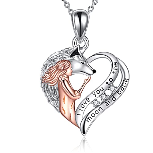 Collier loup et fille en argent sterling 925 YAFEINI pendentif coeur d'amour précieux pour femme