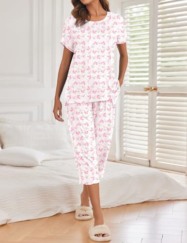 Image of Ekouaer 2 Pack Womens Pajamas Sets Short Sleeve Tops and Capri Pants Pjs Colorful Printed Sleepwear Sets