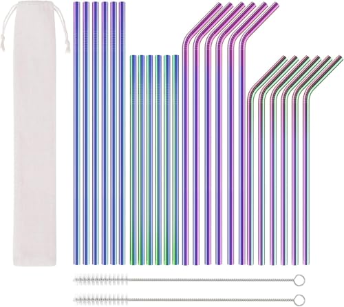 Pajitas de Acero Inoxidable, Pajitas Reutilizables de Acero Inoxidable de 6mm de Diámetro con 2 Cepillos de Limpieza y 1 Bolsa, Pajitas Curvas Rectas 24pcs Pajitas de Metal de Colores