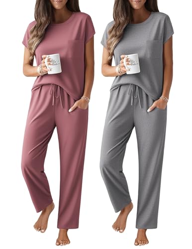 Ekouaer 2 Packs Pajamas for Women Set Cap Sleeve Top and Pants Soft Sleepwear Comfy Pjs Set with Pockets Loungewear Pink/Grey