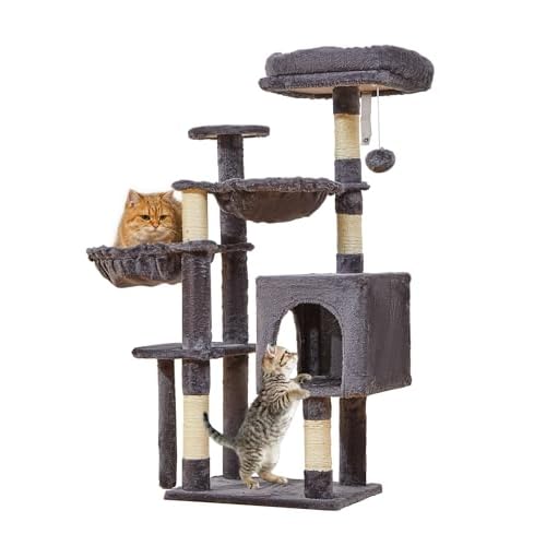 Taoqimiao Cat Tree, 39.4-Inch Cat Tower for Indoor Cats,Suitable for Kittens,Plush Cat Condo with 5 Scratching Posts, Plush Perch,2 Hammock,Pompoms, MS019G Smoky Gray