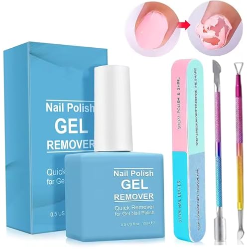 Kit de removedor de esmalte de uñas de gel, removedor de esmalte de gel fácil y rápido de 15 ml con empujador de cutículas, raspador de uñas y lima, sin necesidad de remojar ni envolver
