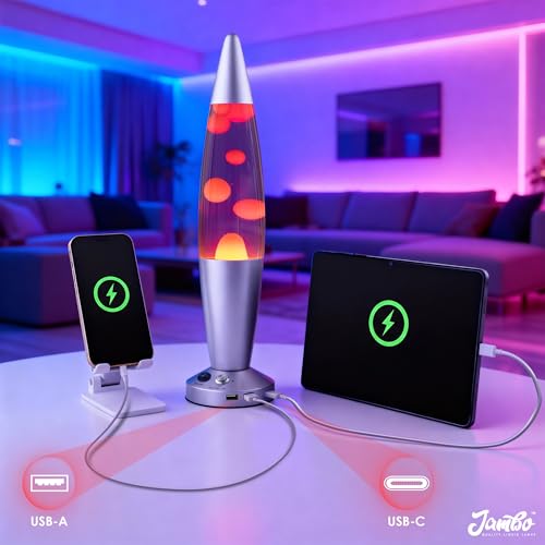Image of JAMBO Upgraded Motion Lamp - 16 inch Purple Liquid, Yellow Wax - USB Ports, Timer - Night Light for Adults, Teens, Kids - Bedroom, Living Room, Office Decor Lamp