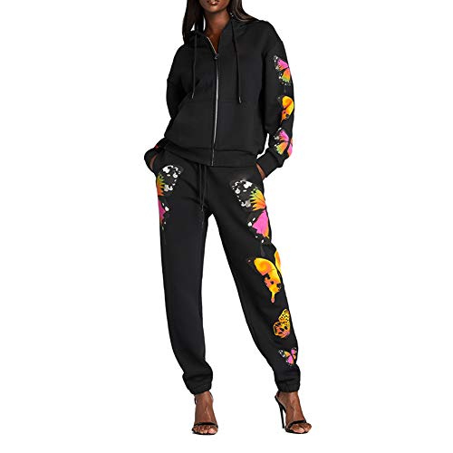 Women Jogger Outfit Matching Zip Up Hooded Butterfly Sweatshirt and Drawstring Sweatpants Sports Sets Tracksuit Black