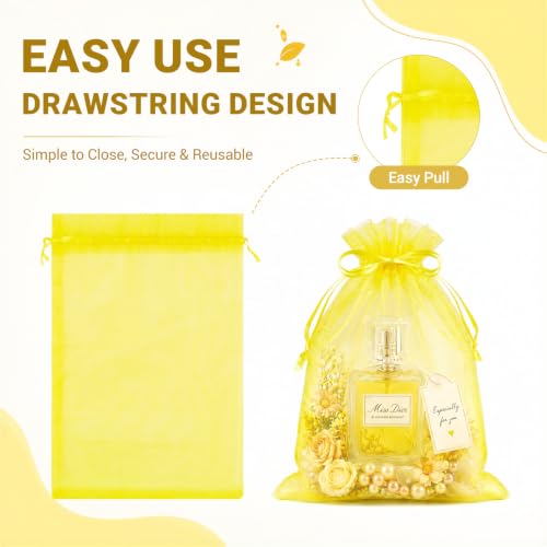 Image of FUNFERY 100PCS Lemon Yellow Sheer Organza Bags 4x6 in, Goodie Bags Bulk | Small Mesh Gift Bag with Drawstring for Wedding Party Favor, Drawstring Pouch for Jewelry, Sachet Bags for Treat, Candy, Soap