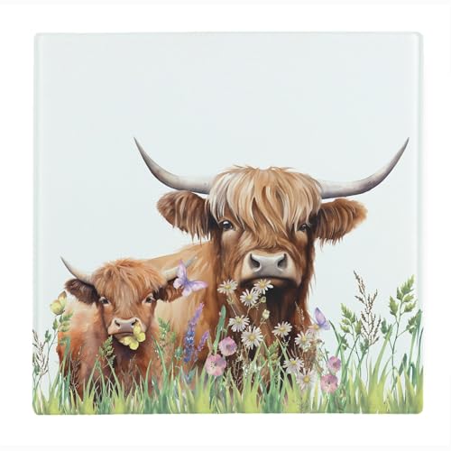 Highland Cow Square Glass Worktop Protector - Mum Cow & Calf Countryside Gift/Present - Smooth Kitchen Chopping/Cutting Board Worktop Saver with Non-Slip Feet 30cm x 30cm (12 x 12)