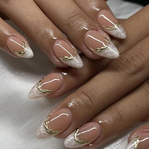 FRAKMU 24Pcs French Tip Stick on Nails,3D French Gold Trim Press On Nails,Short Almond Acrylic False Nails with Jelly Adhesive Tabs Reusable Full Cover Press Ons for Women DIY Nail Art Extension