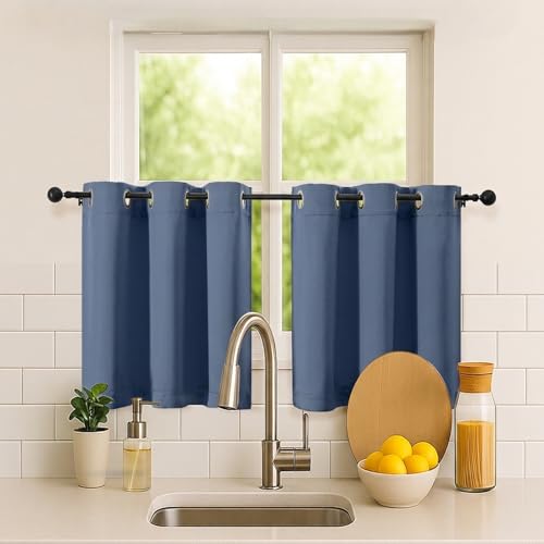Image of Simplebrand Denim Short Kitchen Curtains 24 Inch Length 2 Panels Set, Small Windows Room Darkening Curtain for Bathroom, Cabinet, Basement, RV Camper, Thermal Insulated Short Drapes, 40 x 24 Inch