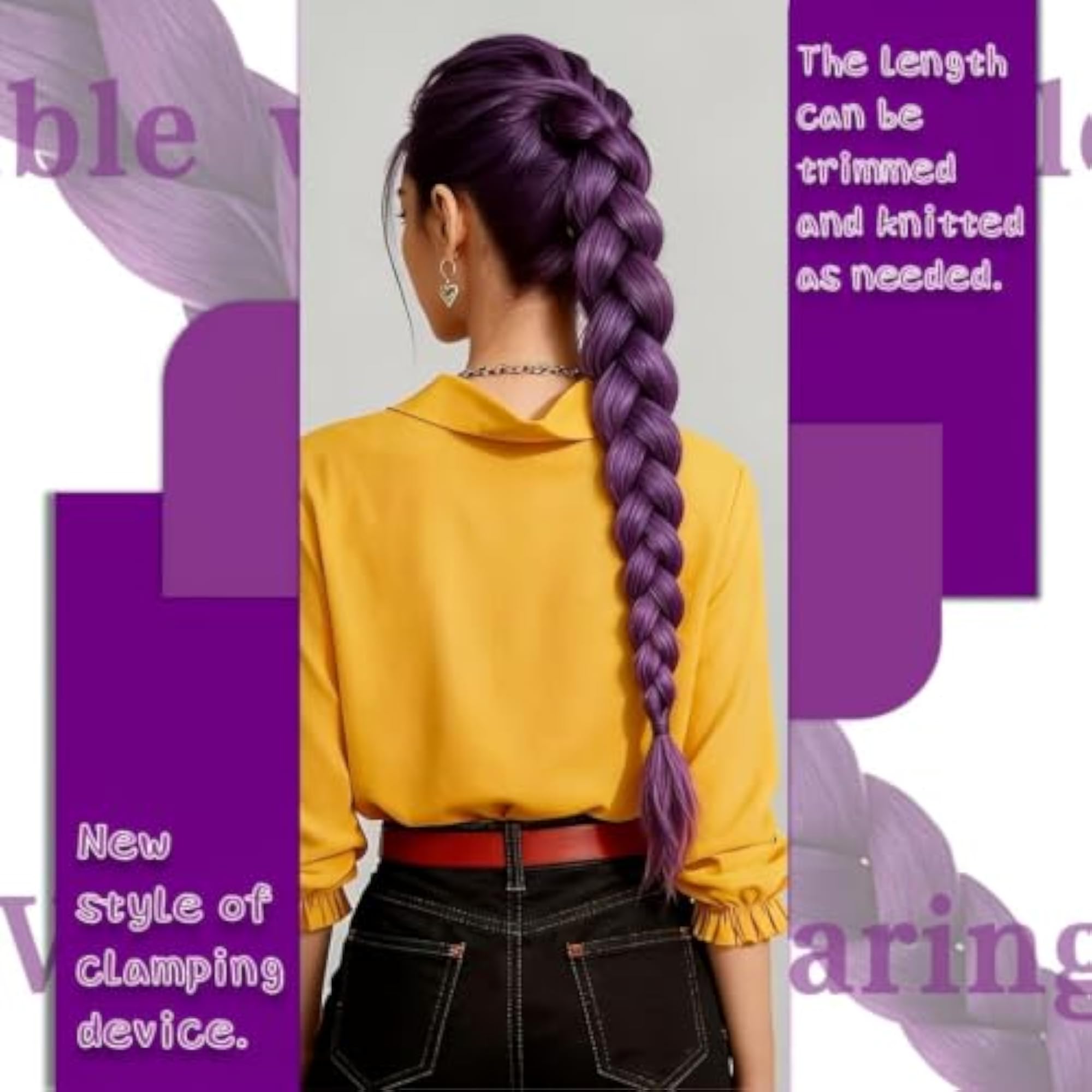 Purple Hand-Braided Ponytail Hair Extension with Claw Clip
