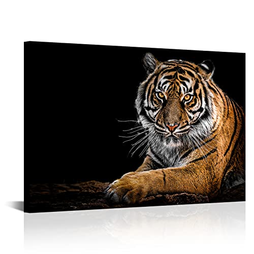 Tiuauit Wild Animal Canvas Wall Art Tiger Picture Print On Dark Background A Ferocity Royal Bengal Tiger Pictures Framed Contemporary Art For Living Room Mens Room Size 24"X36" #TOP13