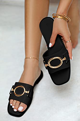 Coutgo Womens Square Toe Dressy Summer Slide Sandals Flat Low Heel Big Metal Chain Slip On Party Slippers Shoes4