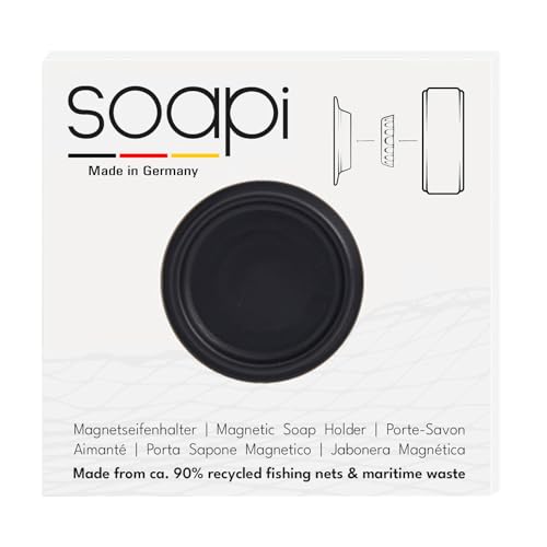 Soapi - Super Strong Magnetic Soap Holder - Wall Mounted Soap Holder - No Drilling Required - Sustainable - Made From Recycled Fishing Nets - Black