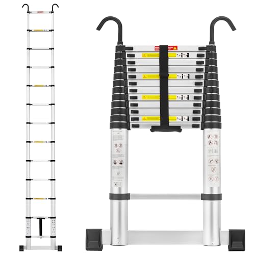 TEENO Escaleras Plegables de Aluminio 3.8 M, Escalera Telescópica con Barra Estabilizadora y Ganchos Desmontables, con Patas Estabilizadoras Triangulares, para Uso Doméstico o Trabajos al Aire Libre