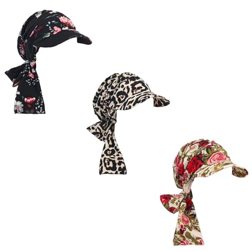 Qovelly 3 Packs Headwear Scarves for Women Chemo Headscarf with Soft Visor for Hair Loss Available All Year (set2)