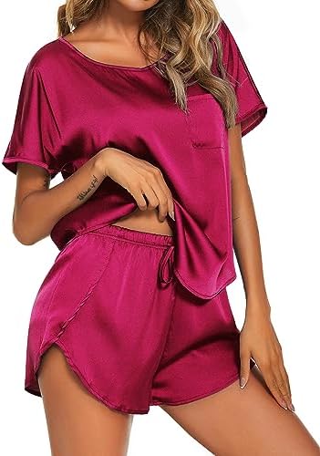 Ekouaer Women Satin Pajama Set Short Sleeve Lightweight Silk Pajama Set 2 Piece Lounge Sets with Shorts